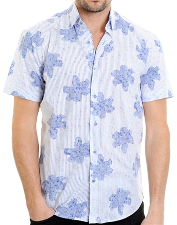 Blue Floral Pattern Shirt - Luxury Short Sleeve Woven