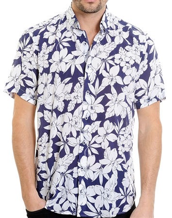 Navy Floral Pattern Shirt - Luxury Short Sleeve Woven