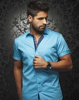 Casual Shirt: Turquoise Short Sleeve Sport Shirt