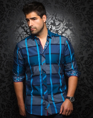 Designer Dress Shirt: Pablo Nuovo Navy Turquoise