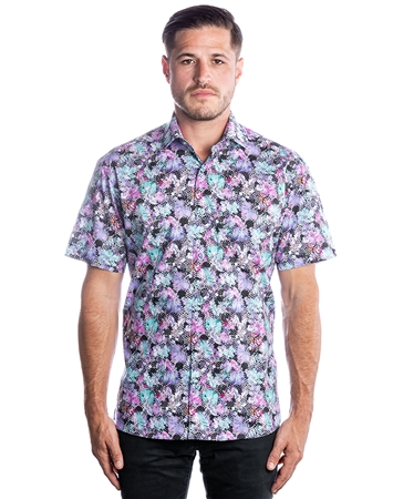 Short Sleeve Luxury Dress Shirt - Purple Floral Button Down