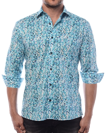 Luxury Dress Shirt - Flawless Abstract Print Shirt Featuring A Fashionable Mix Of Turquoise And Purple.