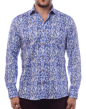 Luxury Dress Shirt - Flawless Abstract Print Shirt Featuring A Fashionable Mix Of Light-Blue And Navy.