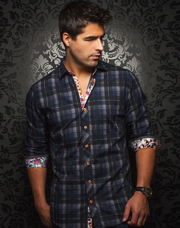 Designer Shirt: Navy Black Check Woven Fahion Dress Shirt