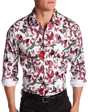 Men Fashion Shirt: White Red Butterfly Dressshirt