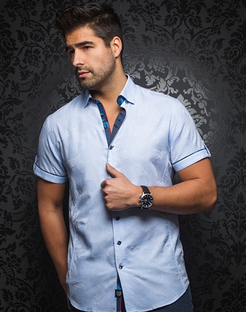 Luxury Short Sleeve Dress Shirt: Tomassi Jacquard Light Blue