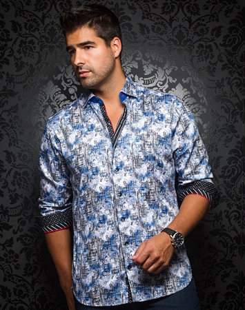 White Blue Abstract Floral Long Sleeve Button Up Shirt |Abstract Floral Shirt