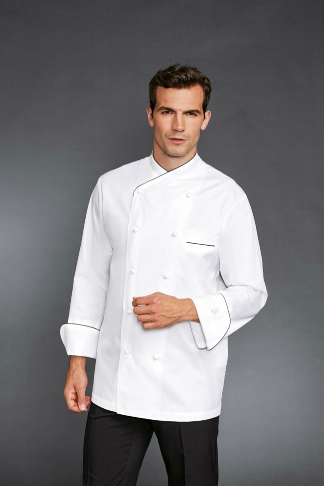 Joel Chef Jacket with Grey Piping in 100% Long Fiber Pima Premium Cotton, the finest cotton in the world!