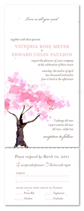 Pink Blossoms Wedding Invitations | Spring Blooms Tree on White seeded paper