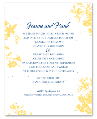 Commitment Ceremony Invitations on Seeded Paper ~ Amsterdam's Roses by ForeverFiances Weddings (Yellow, Blue - white seeded)