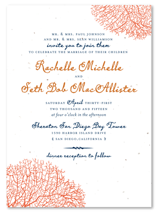 Coral Reef  Beach Wedding Invitations on White Seeded Paper (Teal and Coral Orange)