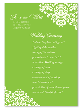 Green Wedding Programs ~ Damask (unique on recycled paper)