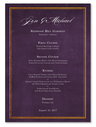 Gold Purple Wedding Menus by ForeverFiances Weddings