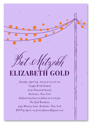 Eco-Friendly Bat Mitzvah Invitations ~ Lovely Night (string of lights)