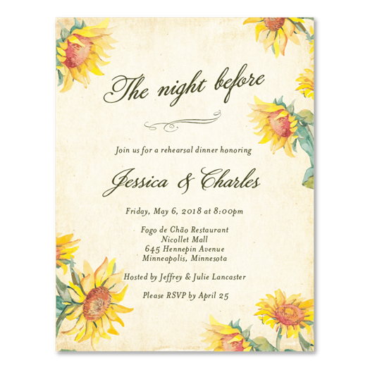 Country Sunflower rehearsal dinner invitations with vintage paper