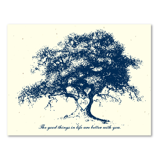 Family Tree Wedding Invitations Green on cream seeded paper - Engraved tree with your initials