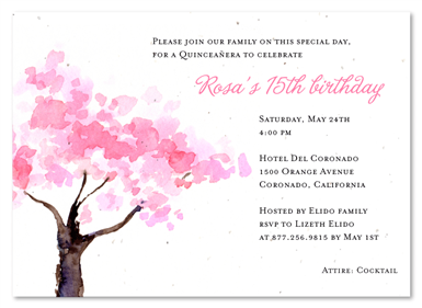 Warercolor Quinceanera Invitations on seeded paper | Pink Spring Blooms Tree