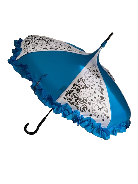 DELUXE-LOOKING GLASS-The Hilaryâ€™s Vanity Deluxe Collection Diameter is 36â€ Hight 36â€.Go through the looking glass where everything is Curiouser and curiouserâ€¦ This beautiful LOOKING GLASS Umbrella features a Ruffle and hook-style handle.