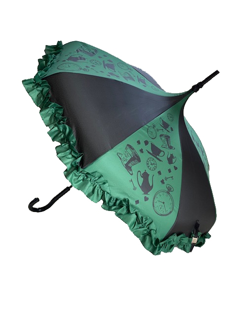 DELUXE-MAD AS A HATTER Weâ€™re ALL mad here! And youâ€™ll go mad for this Umbrella has top-hats, timepieces and teacups featuring a Ruffle  and hook-style handle.