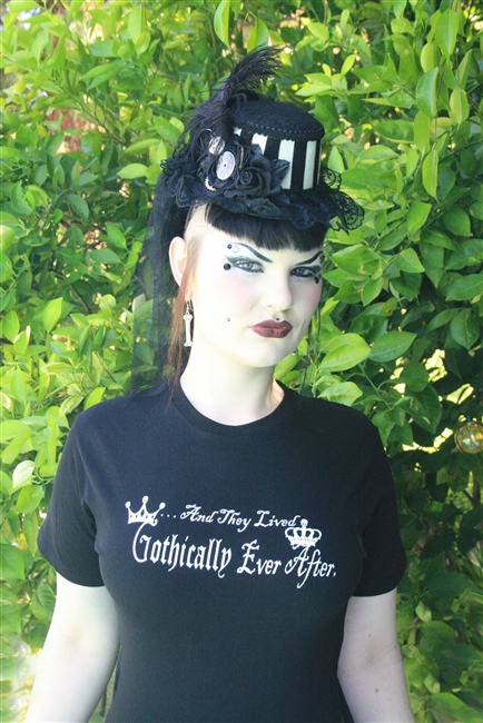 And They Lived Gothically Ever After Tee Shirt- Show your Gothic love with this romantic Tee. This Black tee shirt has white details. They are standard unisex sizes S-2X.