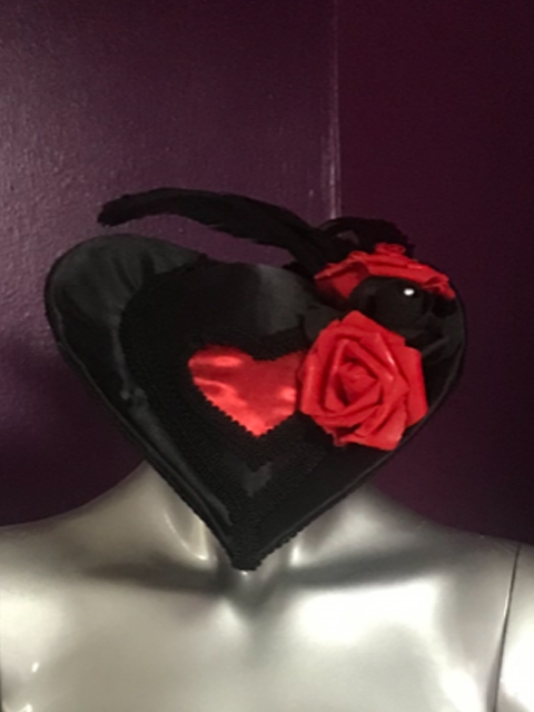 HEART HAT BLACK WITH RED HEART All Hilary's Vanity Hats are hand made by Hilary shipping can take up to 2 weeks depending of if we have to make a new one or if it is in stock.