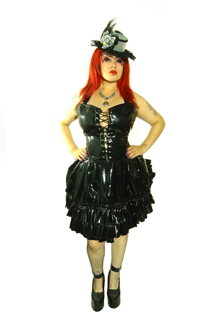 This Dress is done in our Black PVC fabric and features an Adjustable Bustle, Layered Ruffles, and a Back Zipper and most importantly has 2 deep side pockets. Made of polyester pinstripe and has a 100% Polyester Lining. Gothic and Fetish.