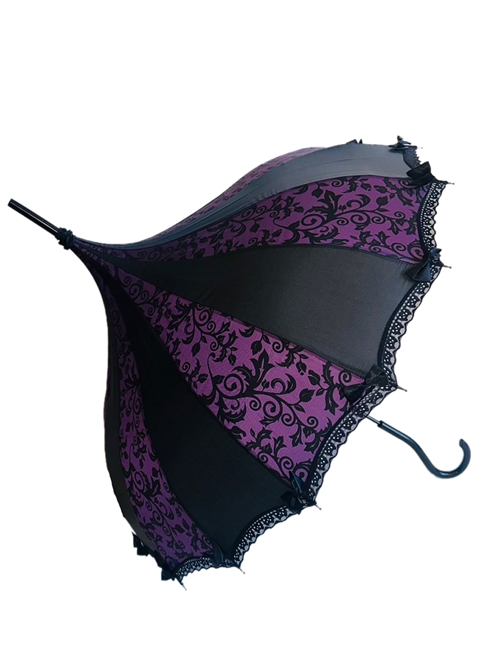 UMBRELLA  PURPLE FLOWERS It features lace and bow details and hook-style handle.