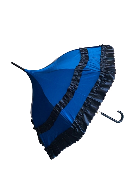 BLUE AUTOMATIC SATIN UMBRELLA features a Ruffle and hook-style handle. Automatic mains that you push the button and it opens by itself (Fancy).