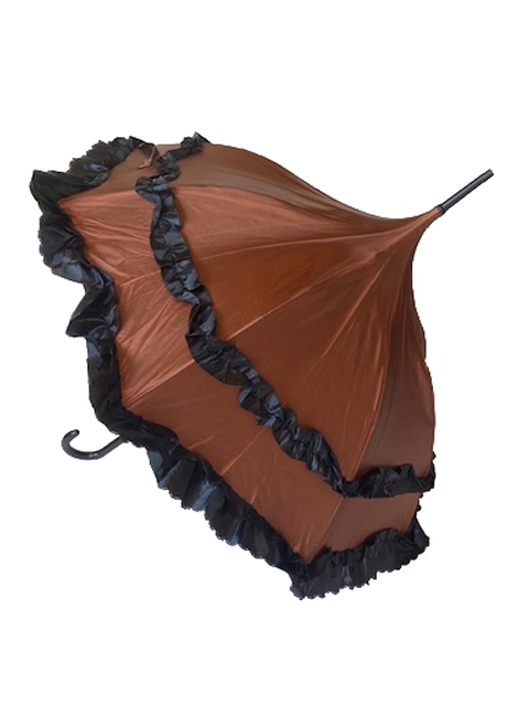 HILARY'S VANITY COPPER DELUXE- AUTOMATIC SATIN UMBRELLA features a Ruffle and hook-style handle.