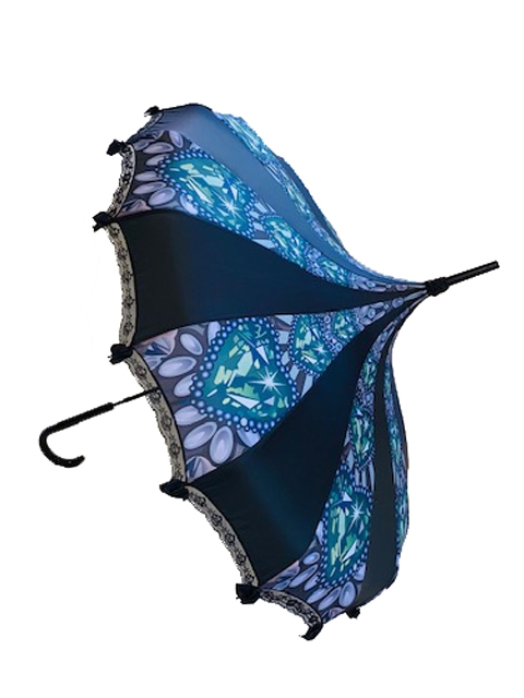 Umbrella Emerald gemstone and jewel design. Plus it features bow details and hook-style handle.