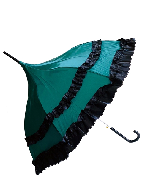 GREEN AUTOMATIC SATIN UMBRELLA features a Ruffle and hook-style handle. Automatic mains that you push the button and it opens by itself (Fancy).