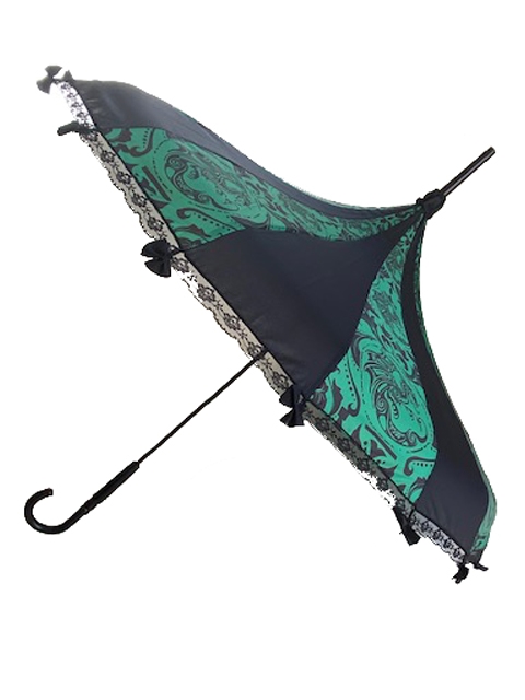 This beautiful umbrella has a LIGHT green dragon pattern. And features lace and bow details and hook-style handle.