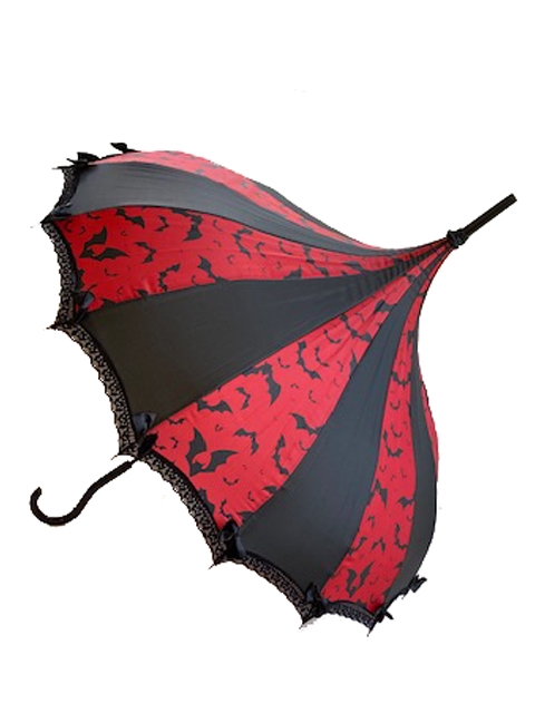 This beautiful umbrella has a Red Bats pattern. And features lace and bow details and hook-style handle.