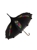 This beautiful Hilary's Vanity umbrella has a colorful flower pattern. It features lace and bow details with a real Bamboo hook style handle.
