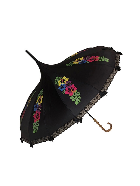 This beautiful Hilary's Vanity umbrella has a colorful flower pattern. It features lace and bow details with a real Bamboo hook style handle.