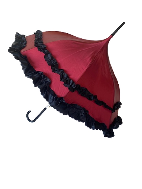 HILARY'S VANITY BURGUNDAY DELUXE- AUTOMATIC SATIN UMBRELLA features a Ruffle and hook-style handle.