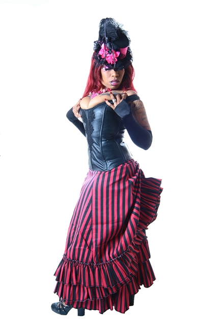 V Skirt is done in our Pink and Black features an Adjustable Bustle, Layered Ruffles and a Side Zipper. This Victorian-inspired skirt is fully lined with a 100% Polyester Lining.