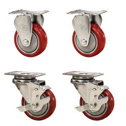 3" caster set with red polyurethane wheels