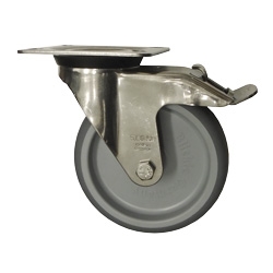 Stainless Steel Metric Swivel Caster with Top Plate, Rubber Wheel and Brake