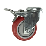 3 Inch Bolt Hole Swivel Caster with Red Polyurethane Tread and Total Lock Brake