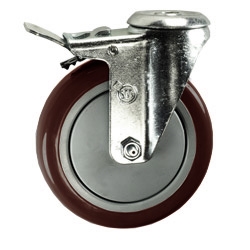 5" Bolt Hole Swivel Caster with Maroon Polyurethane Tread and Total Lock Brake