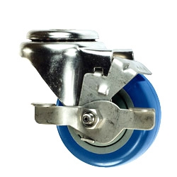 3" Stainless Steel Bolt Hole Caster with Blue Polyurethane Tread and Brake