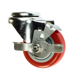 4" Stainless Steel Bolt Hole Caster with Red Polyurethane Tread and Brake