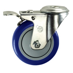 4" Stainless Steel Bolt Hole Caster with Blue Polyurethane Tread and Total Lock