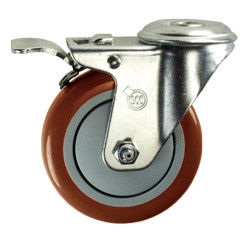 4" Stainless Steel Bolt Hole Caster with Maroon Polyurethane Tread and Total Lock