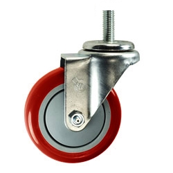 4" Stainless Steel Threaded Stem Swivel Caster with Red Polyurethane Tread Wheel