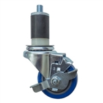 3" Expanding Stem Stainless Steel Swivel Caster with Blue Polyurethane Tread and top lock brake