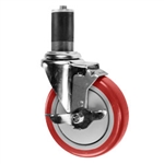 5" Expanding Stem Stainless Steel Swivel Caster with Red Polyurethane Tread and top lock brake