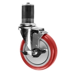 5" Expanding Stem Stainless Steel Swivel Caster with Red Polyurethane Tread and top lock brake