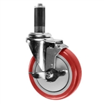 5" Expanding Stem Stainless Steel Swivel Caster with Red Polyurethane Tread and top lock brake